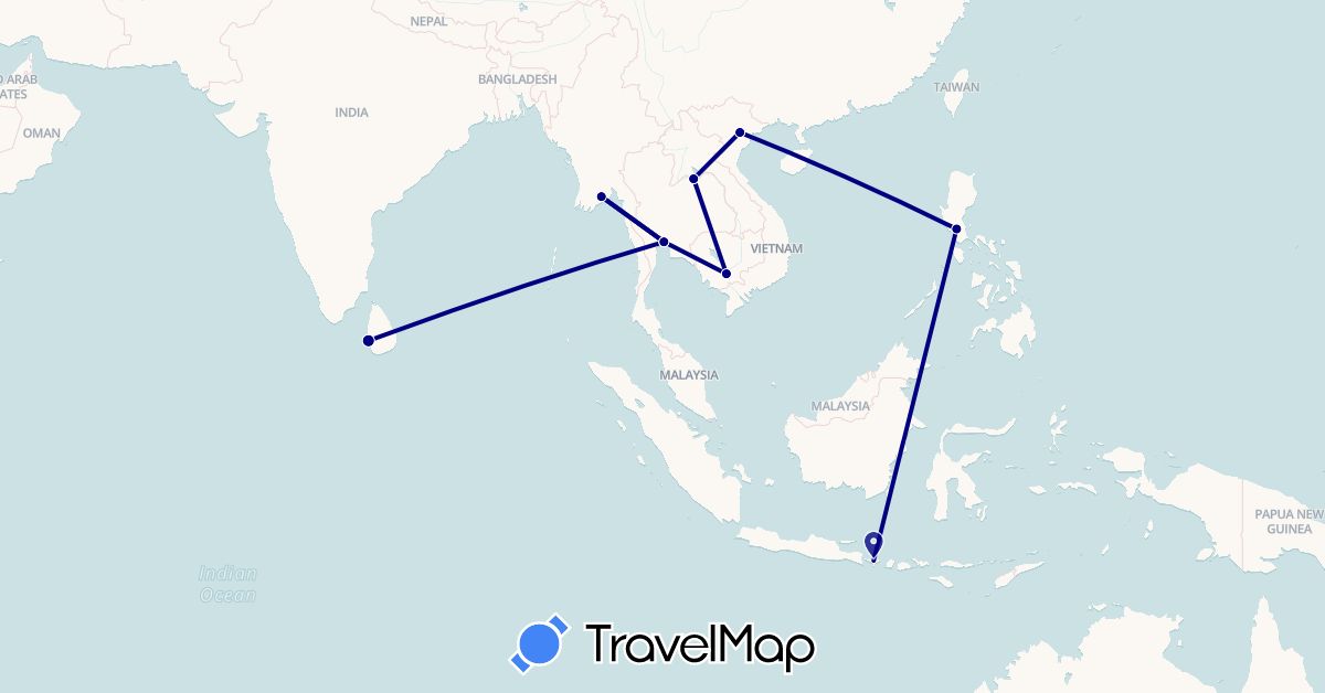 TravelMap itinerary: driving in Indonesia, Cambodia, Laos, Sri Lanka, Myanmar (Burma), Philippines, Thailand, Vietnam (Asia)